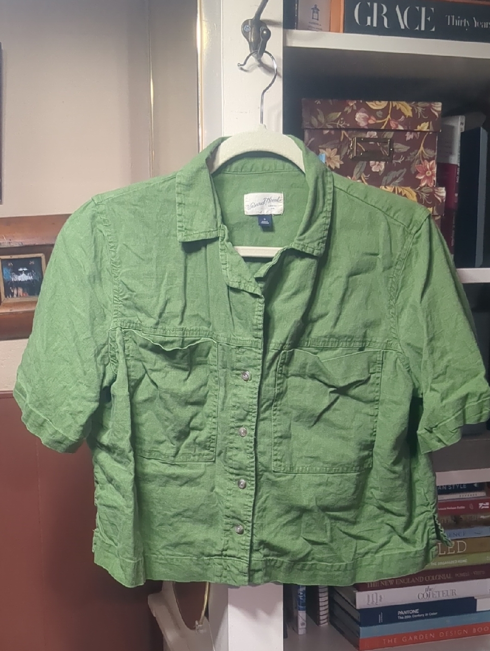 Universal Thread Linen Blend Short Olive Green Button-Front Utility Shirt Size S